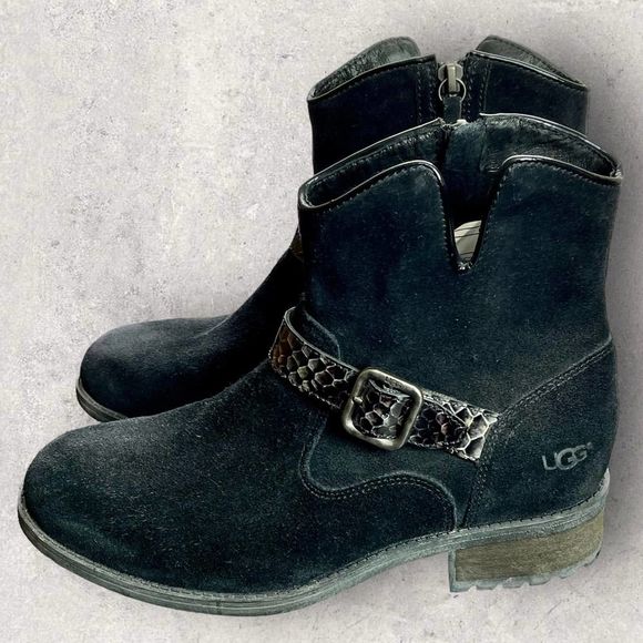 UGG MILNOR Black Suede Snake Strap Ankle Boots with Zipper Size 8 NEW - Picture 4 of 12